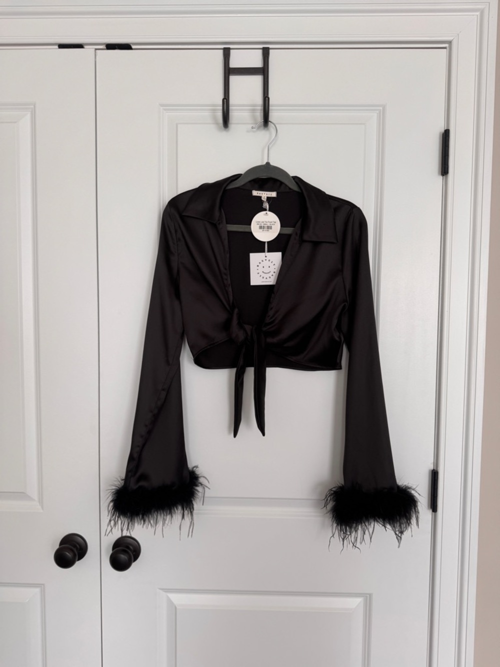 Black Satin Tie-Front Crop Blouse with Feather Cuffs